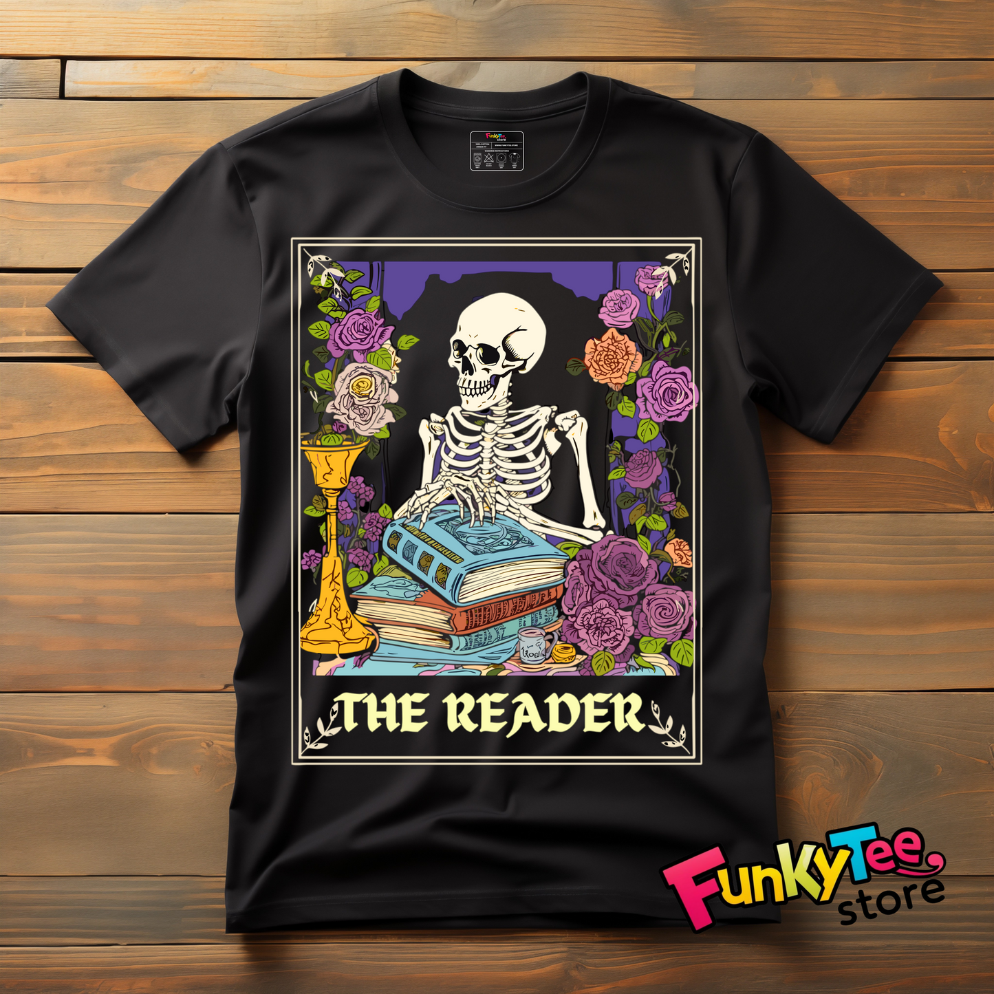 The Reader" Skeleton Gothic Book Lover T-Shirt