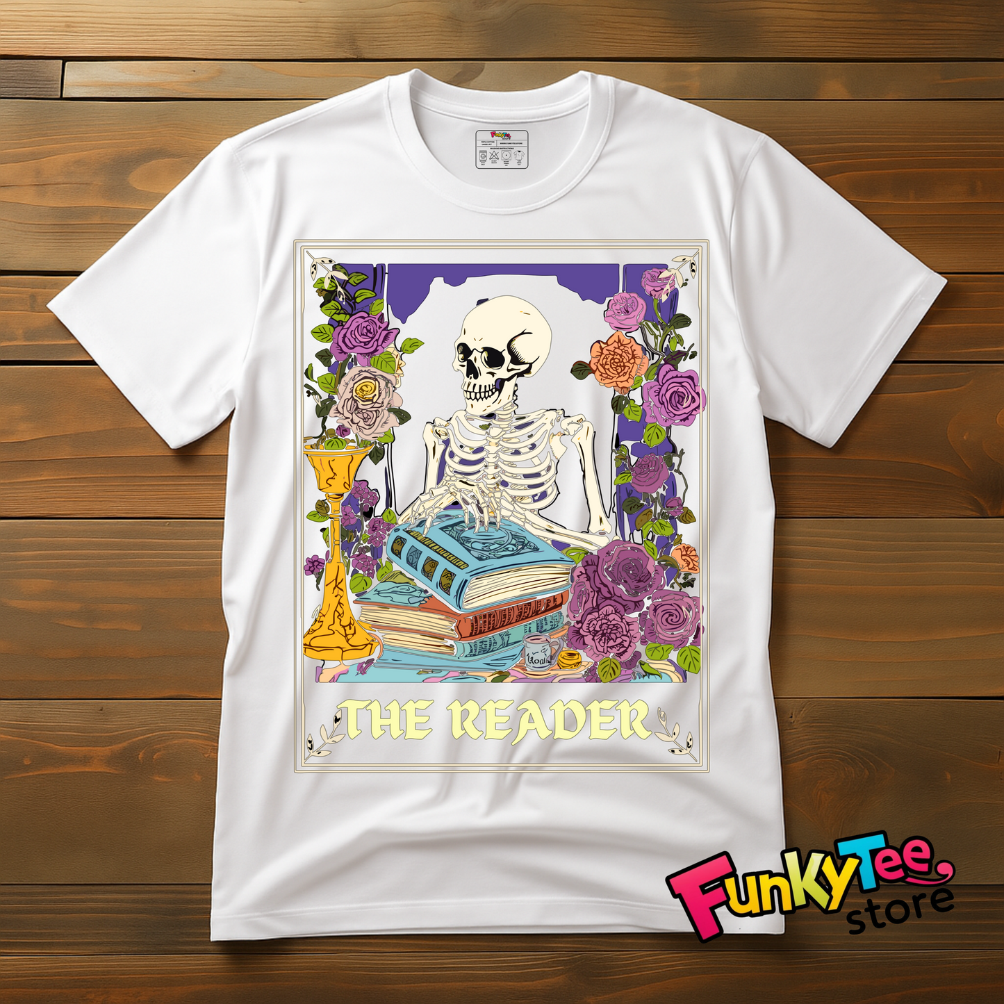 The Reader" Skeleton Gothic Book Lover T-Shirt