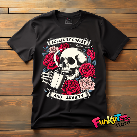 Fueled by Coffee and Anxiety – Skull & Roses Tee