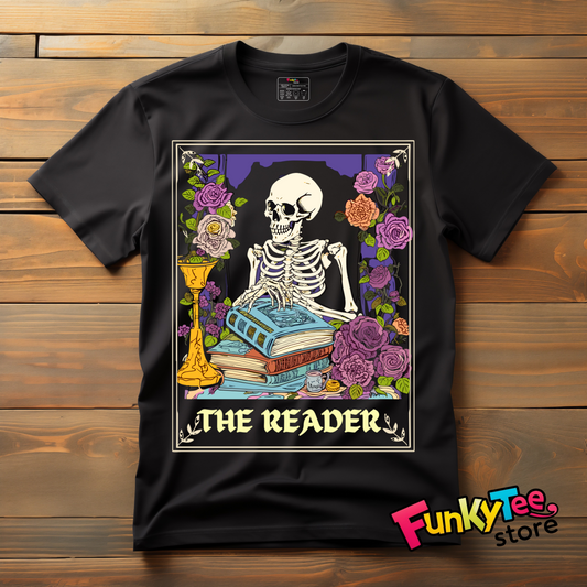 The Reader" Skeleton Gothic Book Lover T-Shirt
